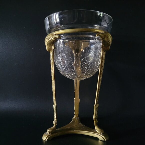 Large Vintage Brass Rams Head Stand with Crackle Glass Candle Holder / Bowl - Picture 2 of 7